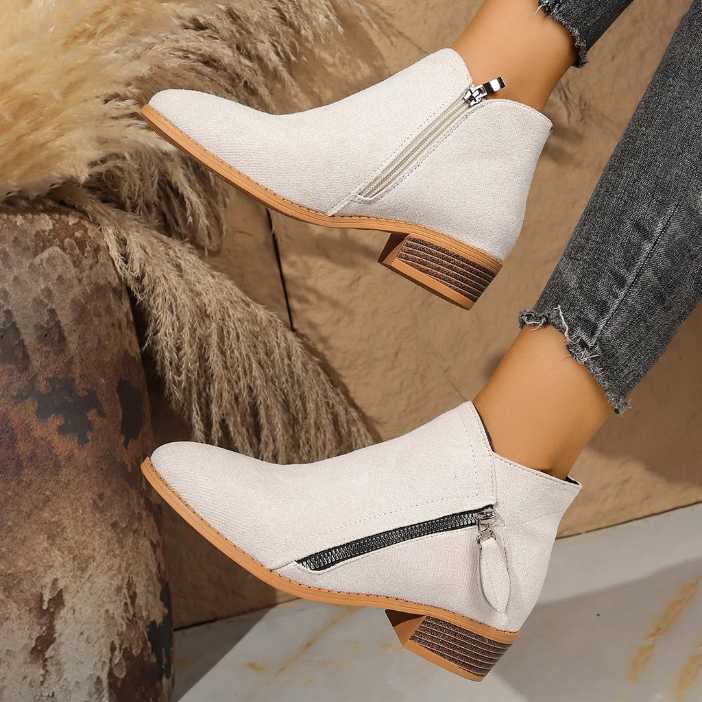 Suede women's ankle boots with side zipper, pointed toe, rubber sole, in black, brown, grey, red, beige, orange, dark blue, sky blue, purplish red.