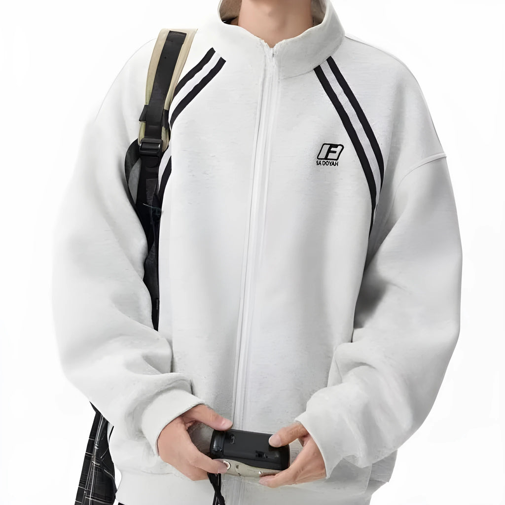 Women's loose fit stand collar colour block stripe jacket in light gray or black, cotton blend, long sleeve, 50cm length