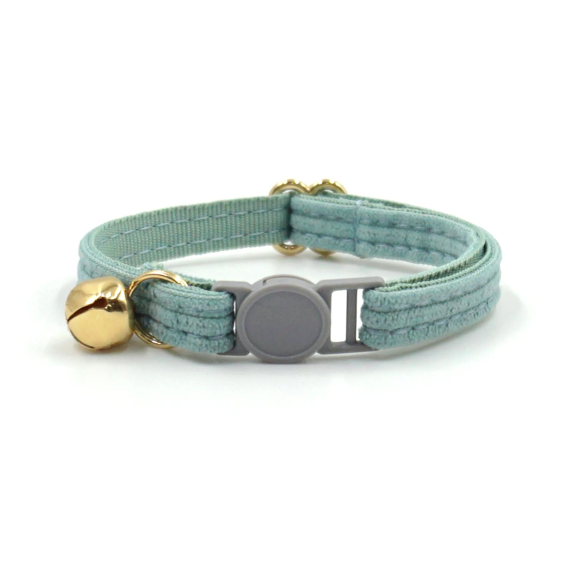 Cat collar with safety buckle and bell, available in corduroy or velvet, in multiple colours for small cats.