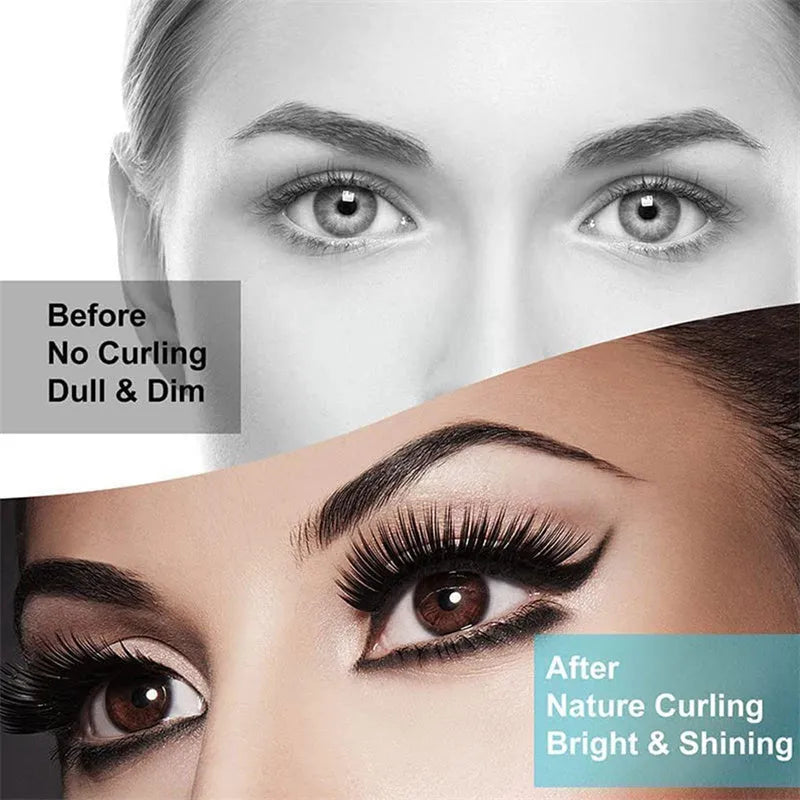 White USB rechargeable heated eyelash curler with a curved design and a small LED light.