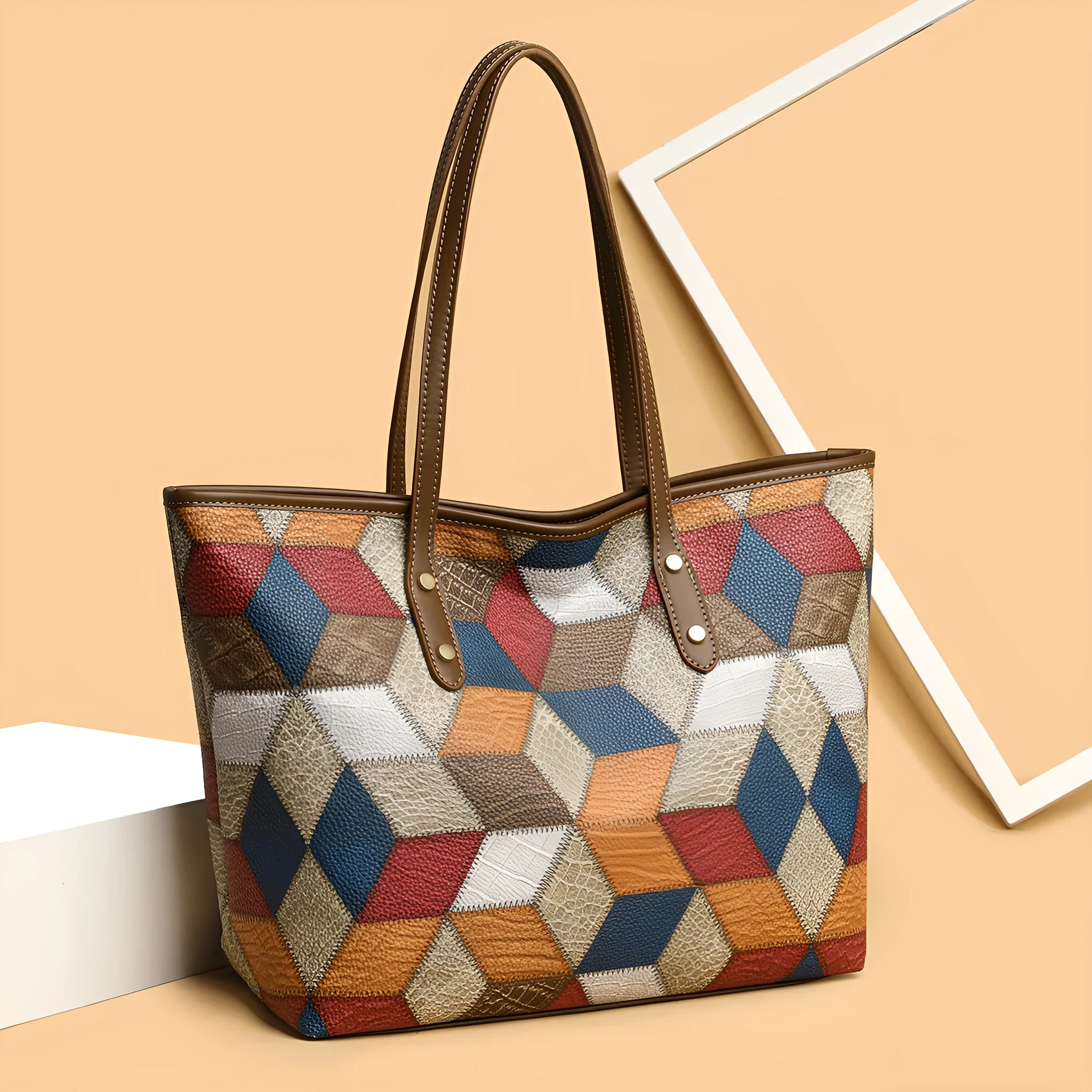 Women's PVC large capacity handbag in blue brown colour with sandwich pocket design