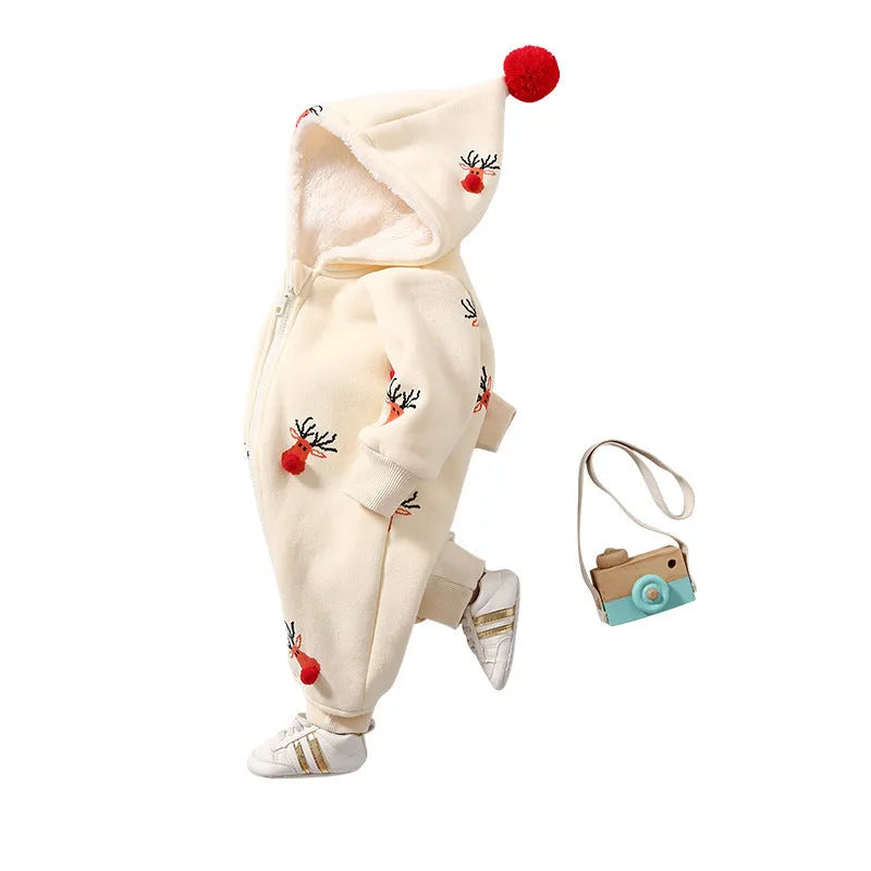 Khaki coloured padded baby one-piece suit with a Christmas moose print, shown on a hanger.