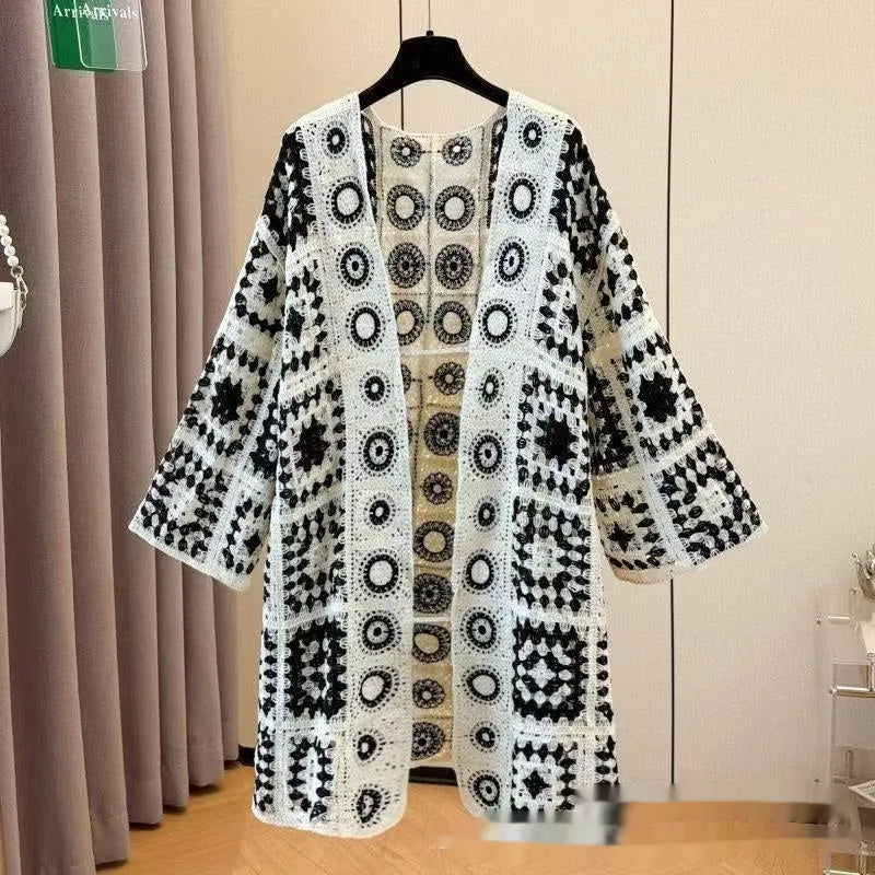 Ladies' loose embroidered thin knit cotton cardigan in black, front view