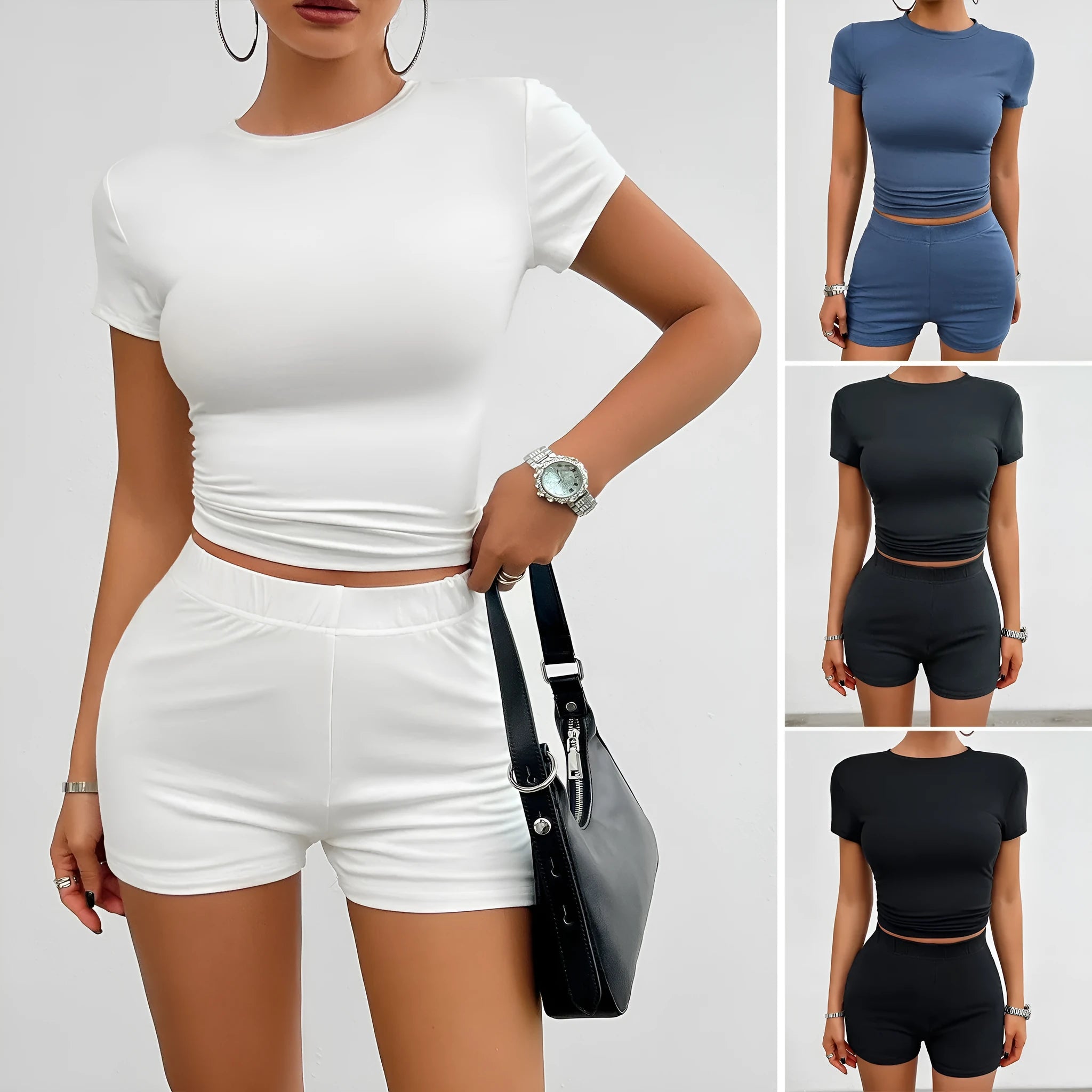 Women's solid colour viscose sports set with round neck T-shirt and elastic shorts on a hanger.