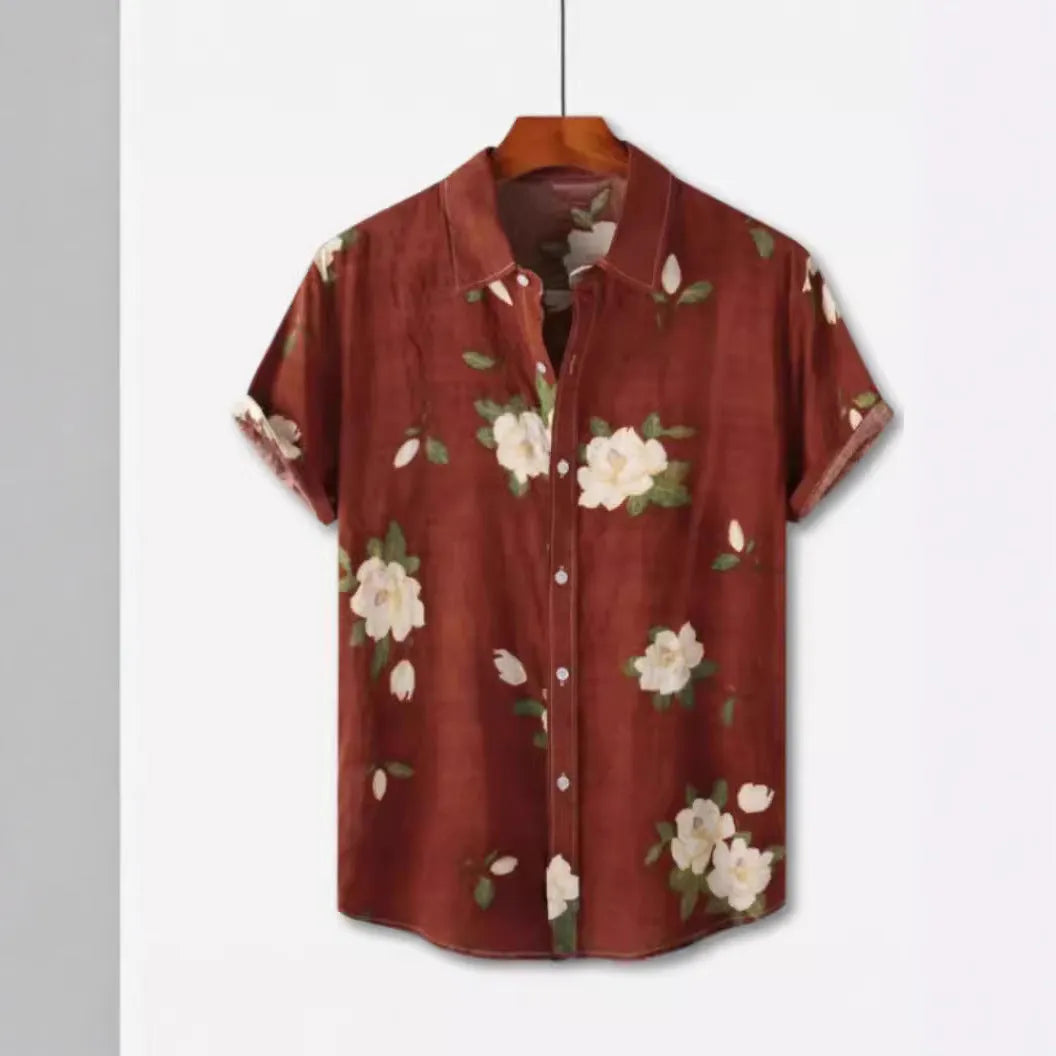 Hawaiian style short sleeve shirt with lapel collar and floral digital print, made from elastic polyester fabric.