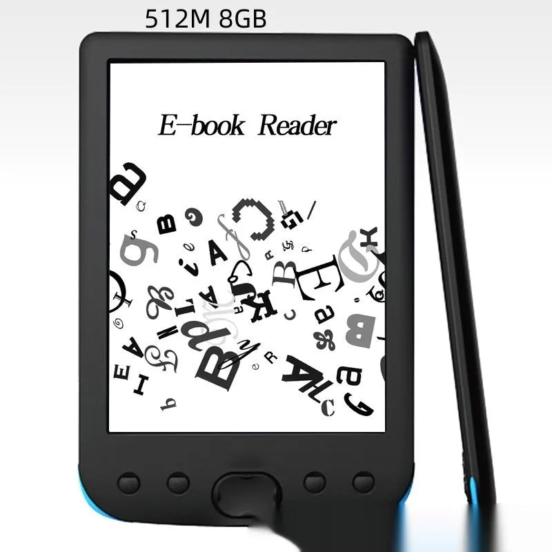 Black 6-inch E-ink screen e-book reader showing display and sleek design