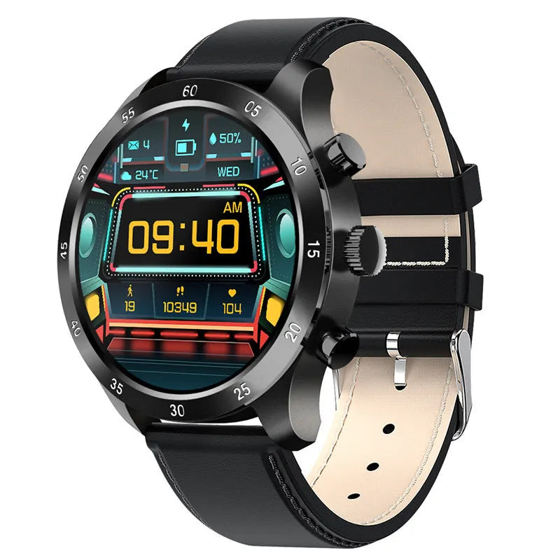 Black Bluetooth smart watch with stainless steel strap on a wrist, displaying time and heart rate.