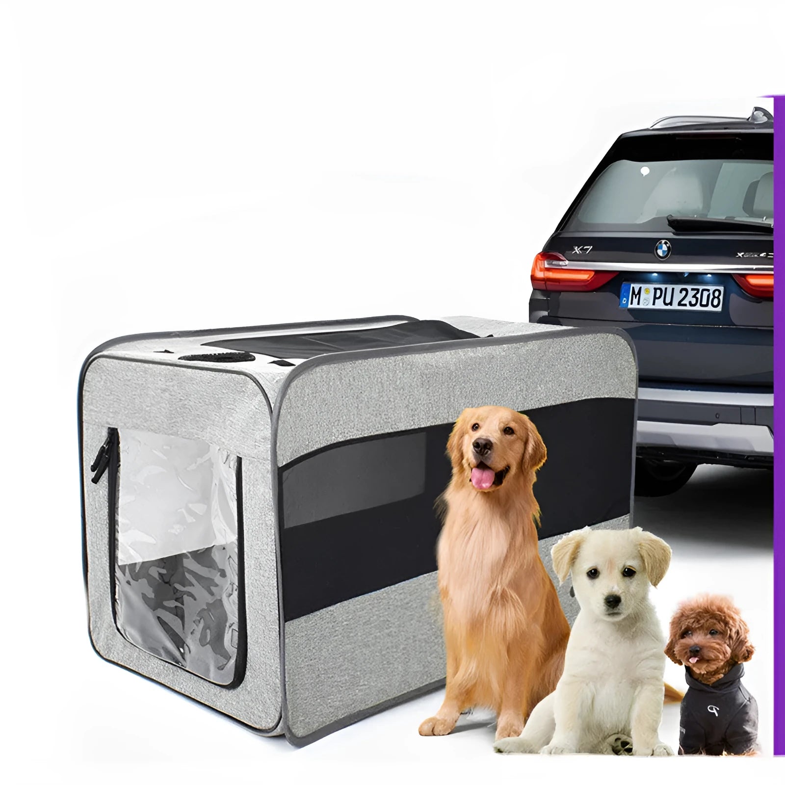 Gray folding pet travel carrier bag with mesh windows, seatbelt straps, and removable pad