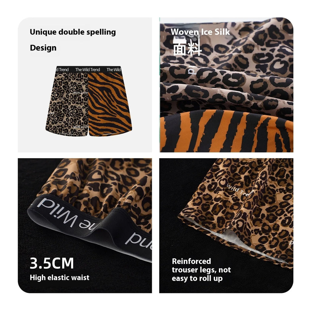 Men's leopard print casual shorts in loose fit with mid waist, made from quick-drying ice silk polyester.