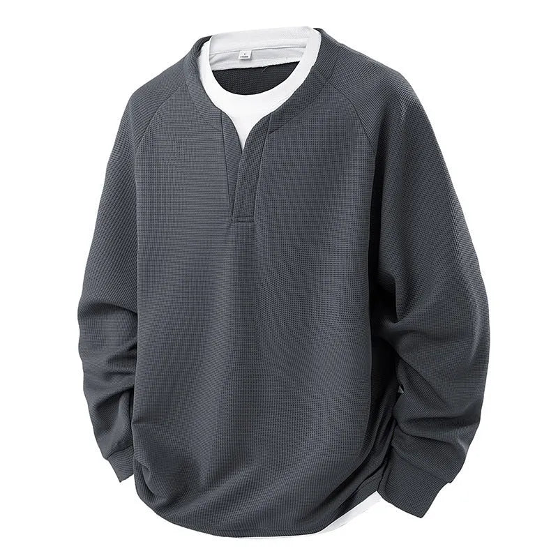 False-two-piece V-neck waffle sweater in solid colour, polyester fibre pullover top