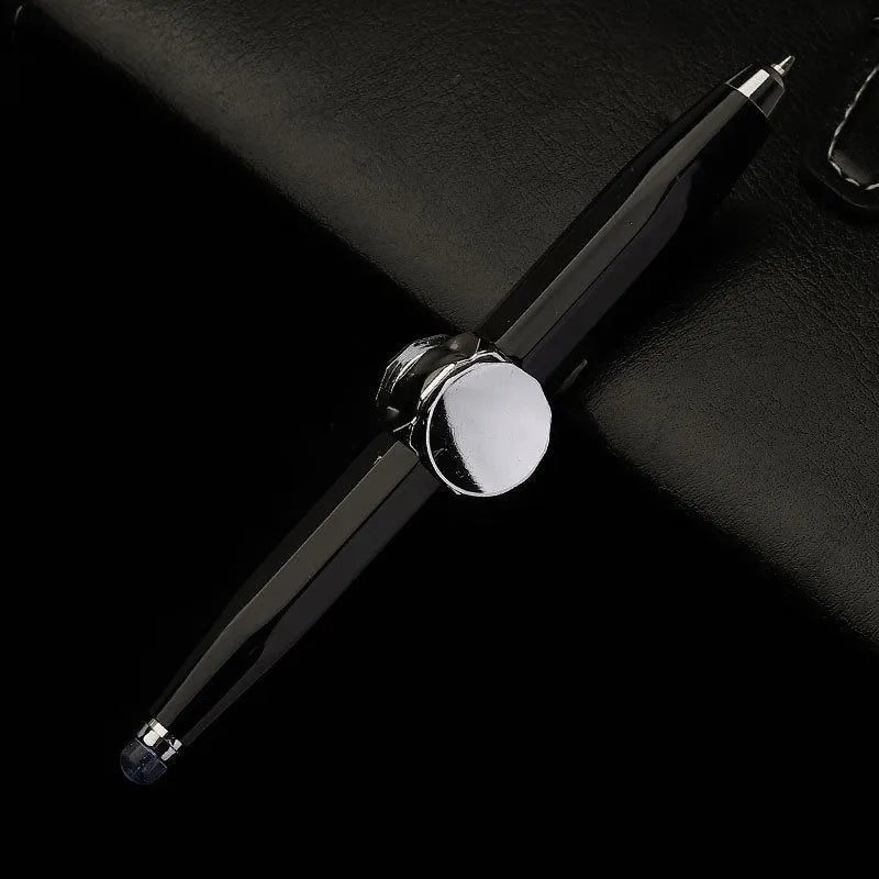 Metal LED light-up gyro spinner ballpoint pen showing 12 ink colour options