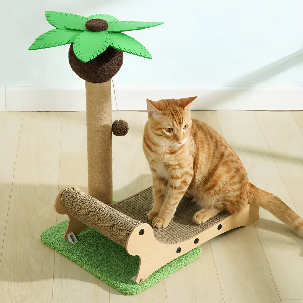 Wooden beach chair-shaped cat climbing frame with a scratch board and a light-coloured hemp mat.