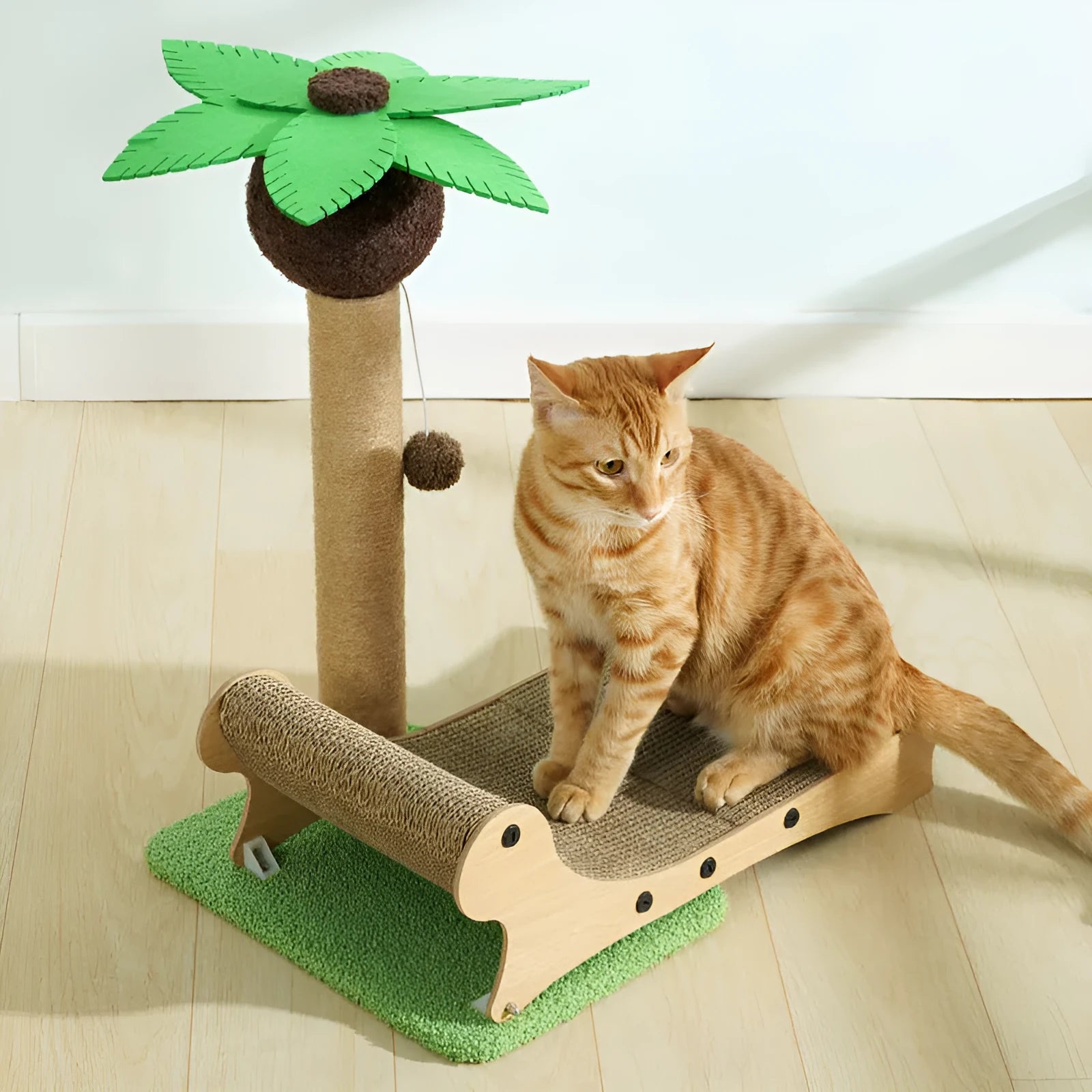 Wooden beach chair-shaped cat climbing frame with a scratch board and a light-coloured hemp mat.