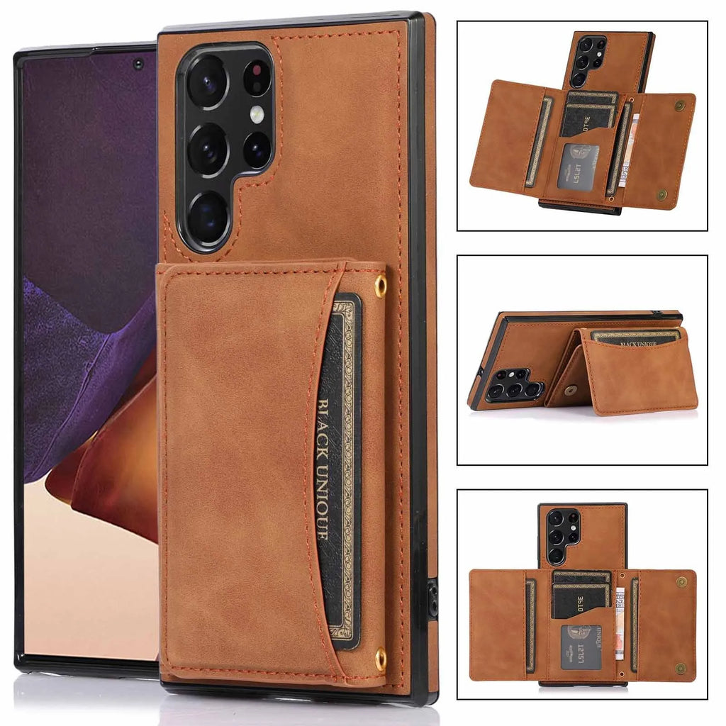 Three-fold wallet phone case with card slots for Samsung Galaxy in black