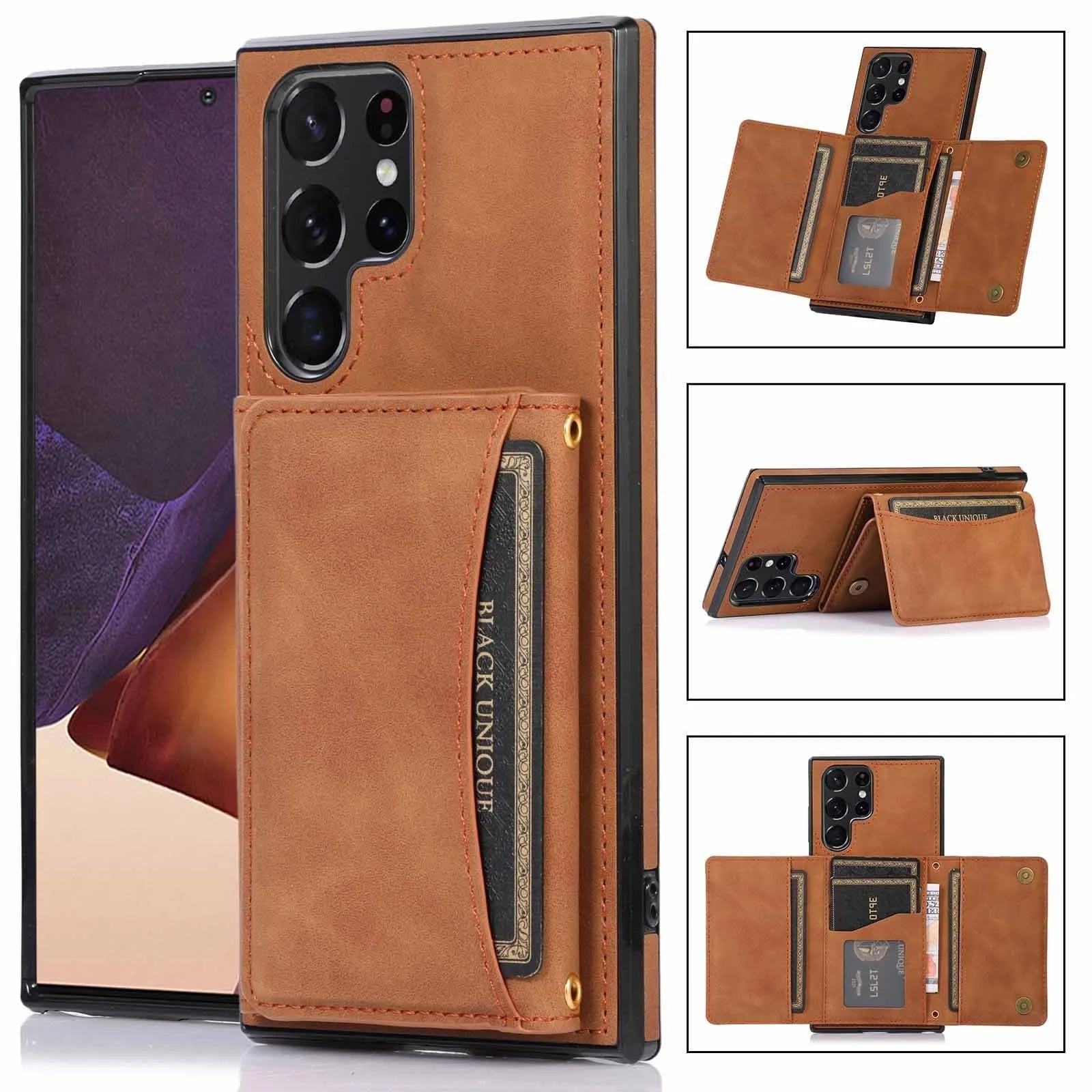Three-fold wallet phone case with card slots for Samsung Galaxy in black