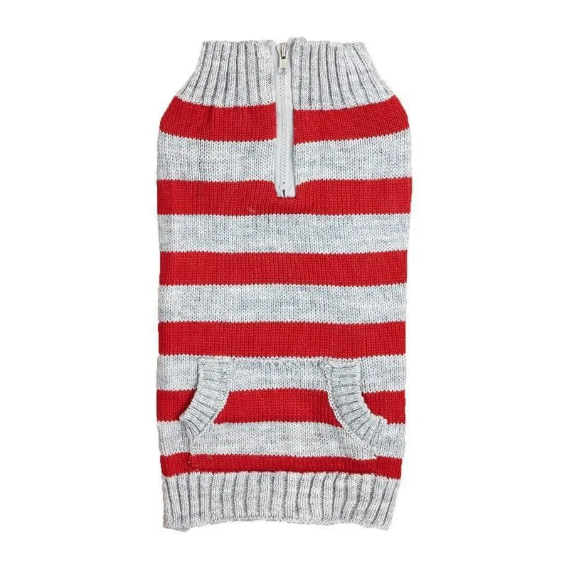 Grey acrylic dog sweater with a blue horizontal zipper and a button pocket on the chest.