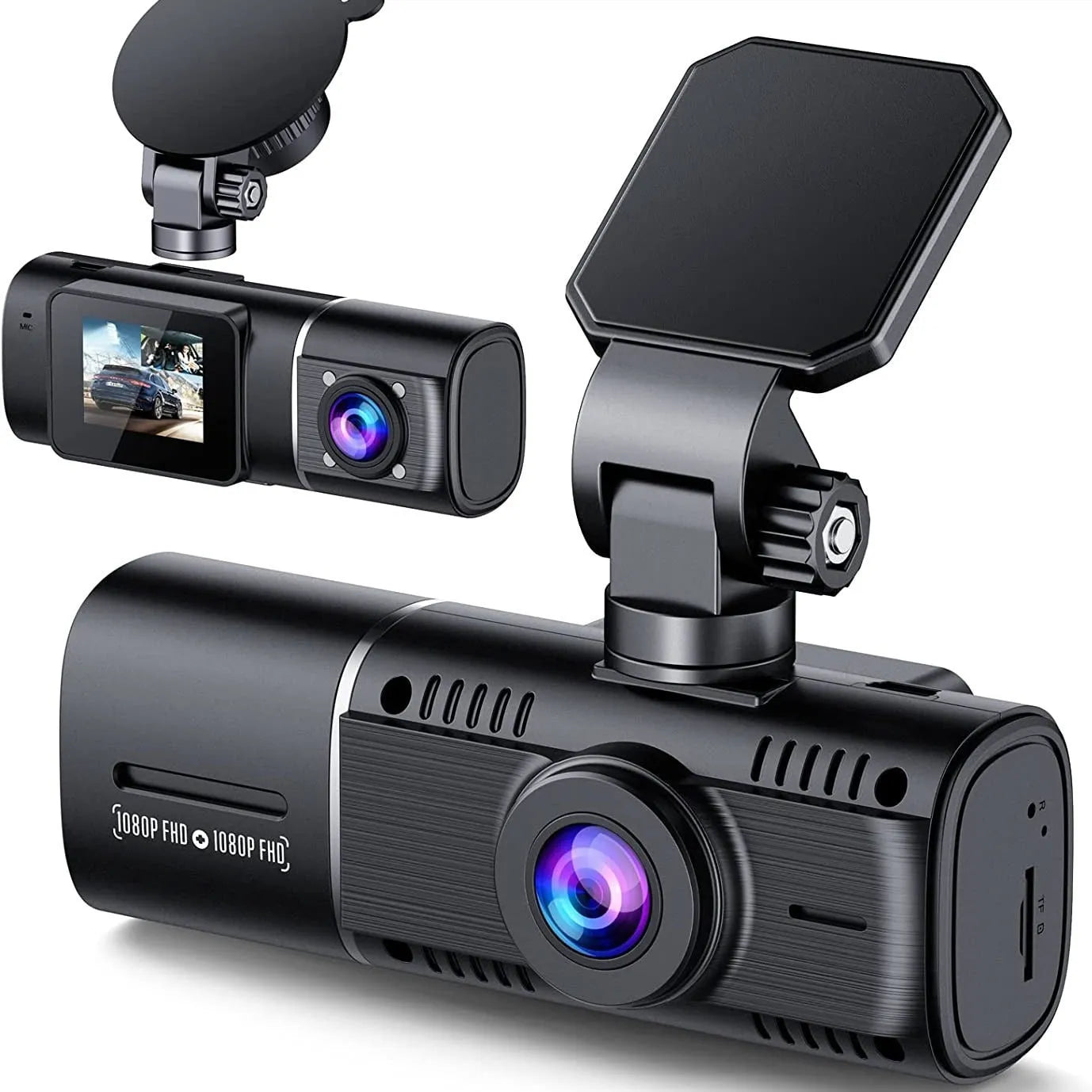 Standard black dual car dash cam on windscreen mount with 1.5-inch screen, showing wide-angle road view.