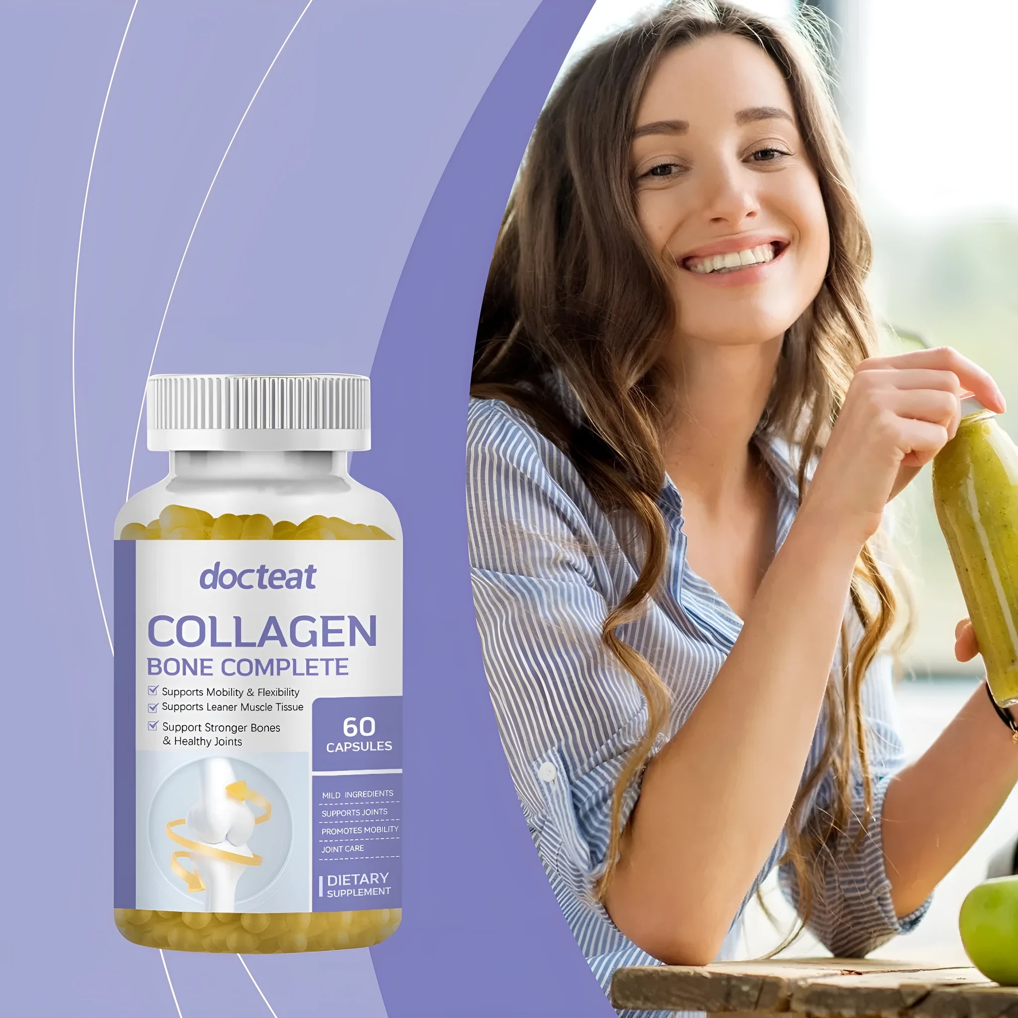 Bottle of 60 marine collagen and multivitamin capsules dietary supplement