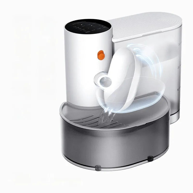 Dump Cat rechargeable automatic water fountain for pets, white with stainless steel bowl, showing 3L capacity.