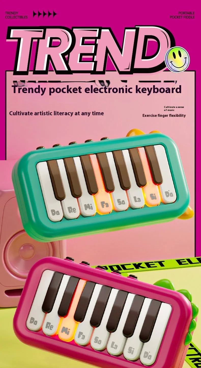 Baby pocket electronic keyboard toy in Little Piano Pattern design, shown in green and pink colour options.