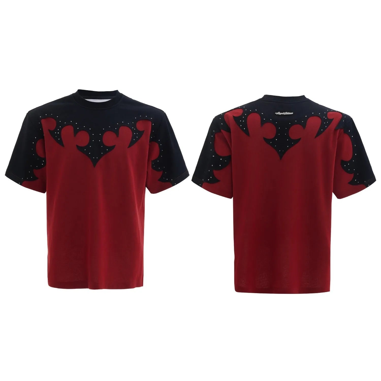 Men's red short sleeve shirt with 3D burnt flower embroidery and rhinestone details on a loose drop shoulder fit.