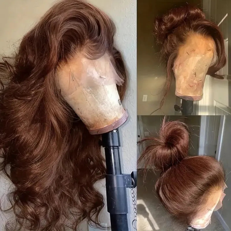 Long curly dark brown front lace wig with side bangs on a model