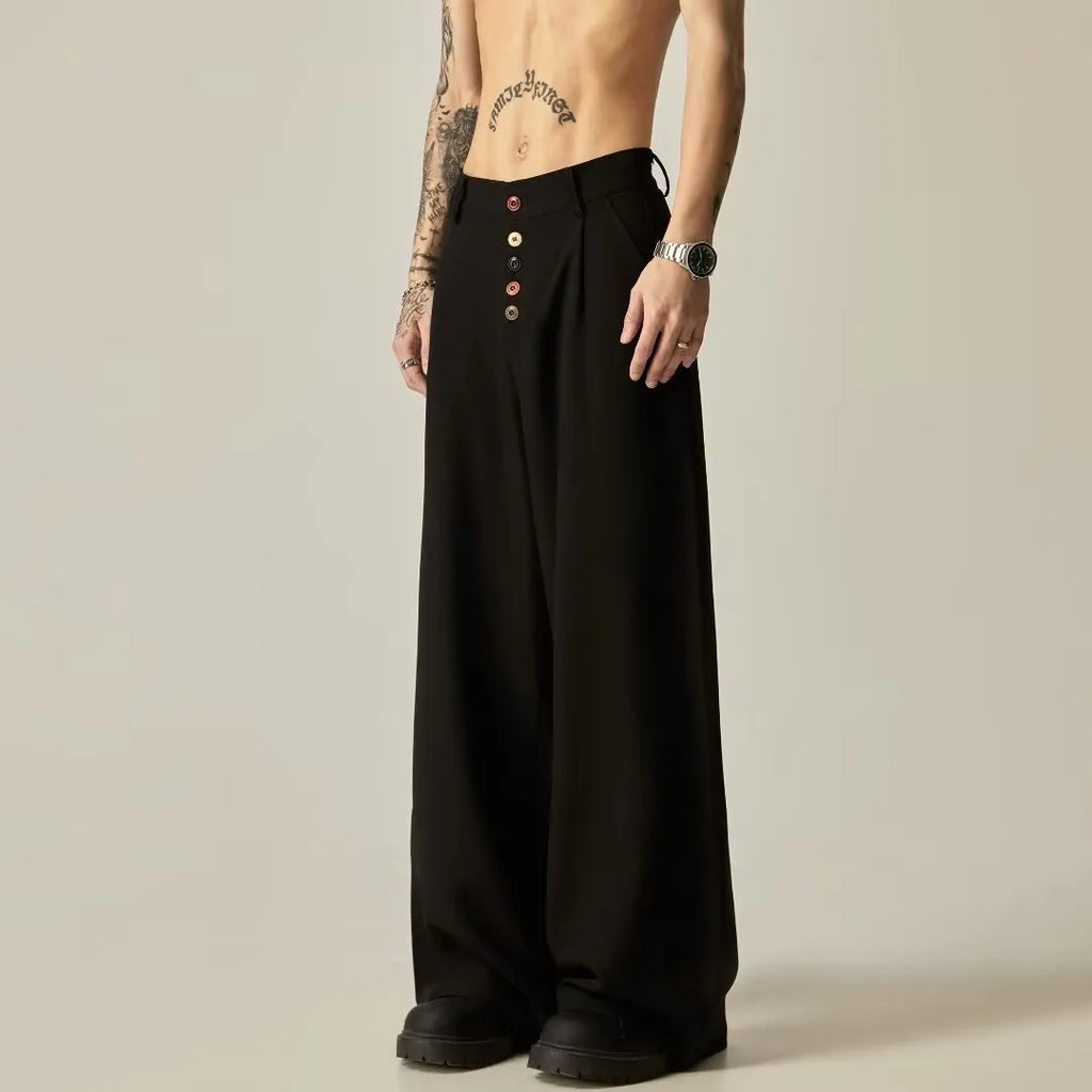 Men's black wide-leg straight-leg casual trousers made from a cotton-polyester blend fabric.