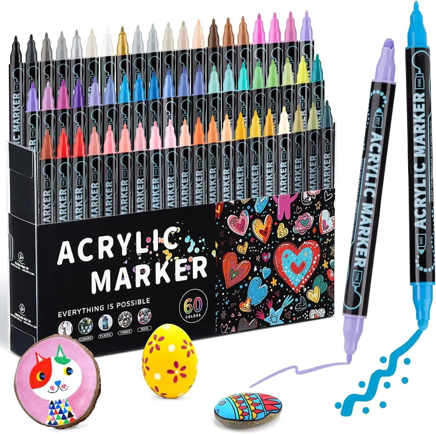 Set of household stackable dual-tip acrylic markers in multiple colours with caps on