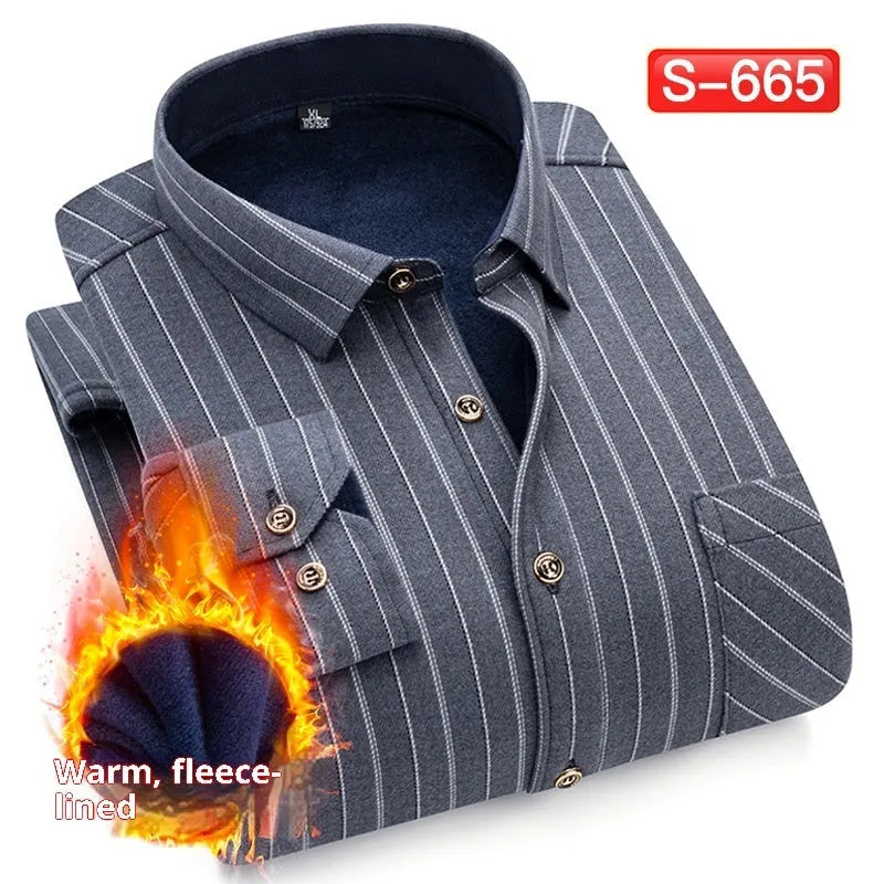 Men's fleece lined padded shirt long sleeve autumn winter warm middle-aged cardigan in double-sided velvet fabric
