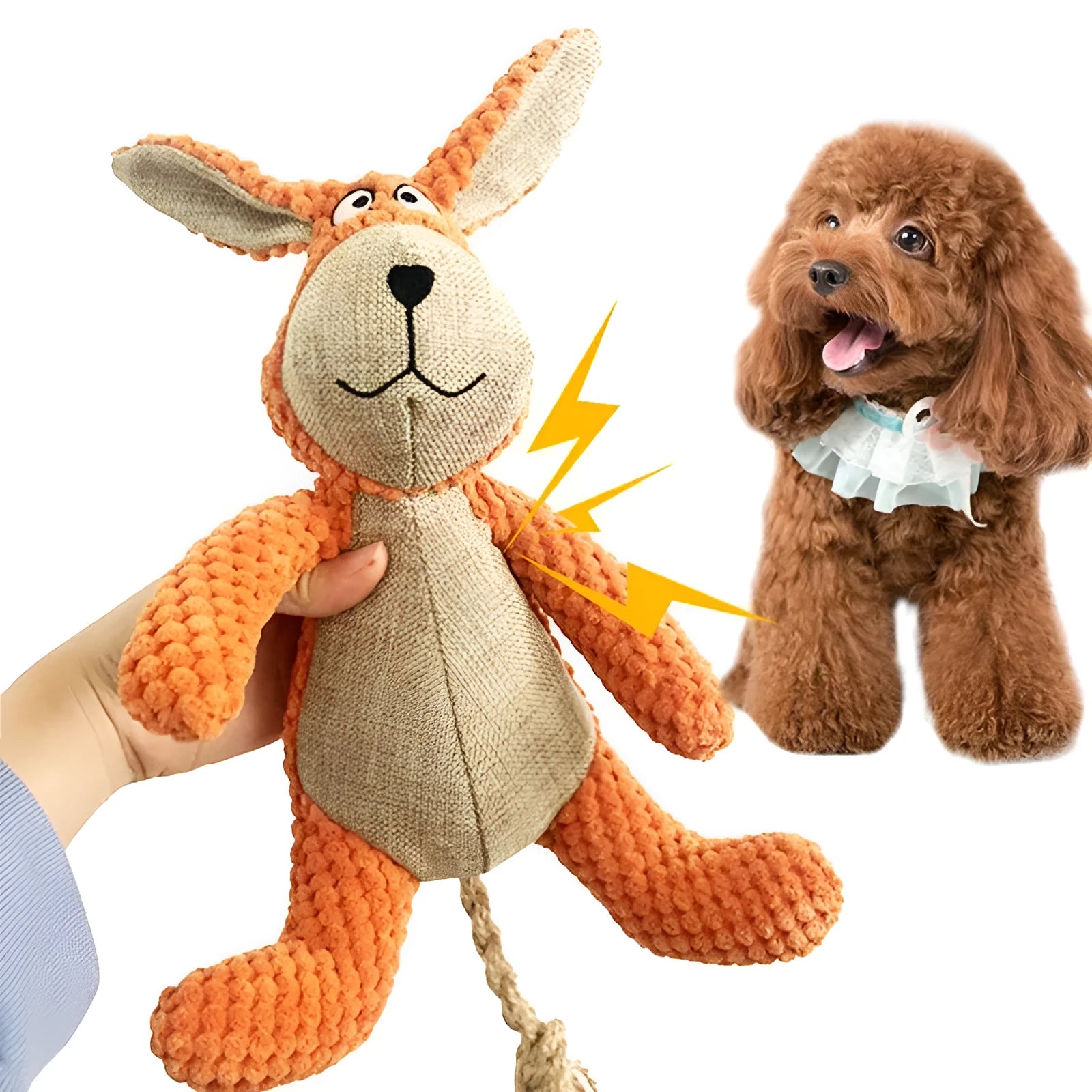 Small plush dog chew toy in animal shape with squeaker for interactive play and teeth cleaning