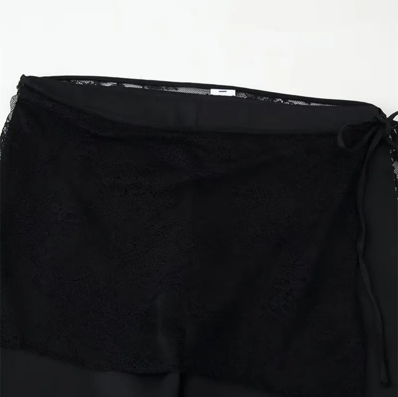 Women's black satin trousers with lace-up wrap front, loose straight-leg cut, nylon fabric