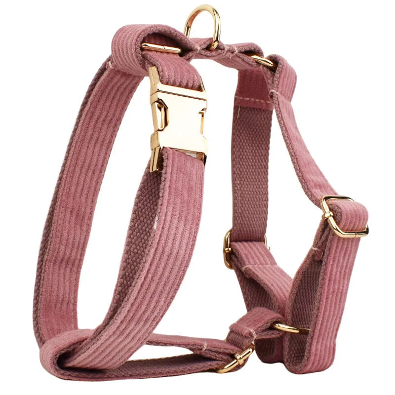 Red corduroy dog collar and leash set with matching vest, bow tie, and poo bag