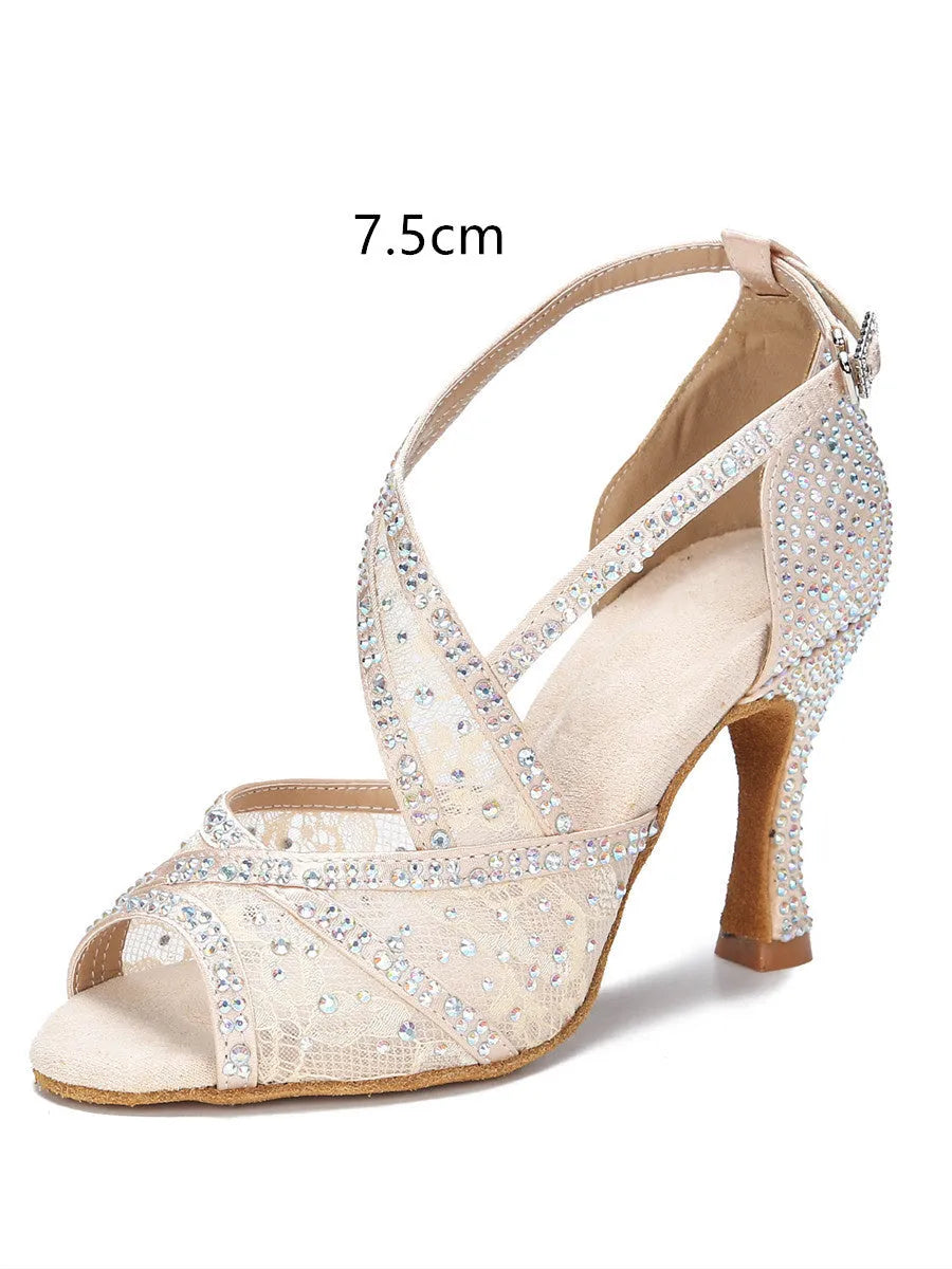 Women's diamond-embroidered Latin dance shoes with mesh upper, black heel 7.5cm, sizes 34-43