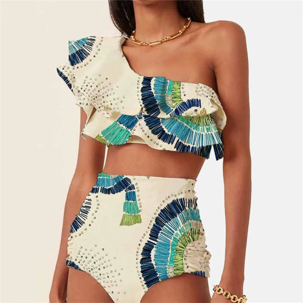 White women's one-shoulder swimsuit with a flounced lotus leaf skirt and high side split.