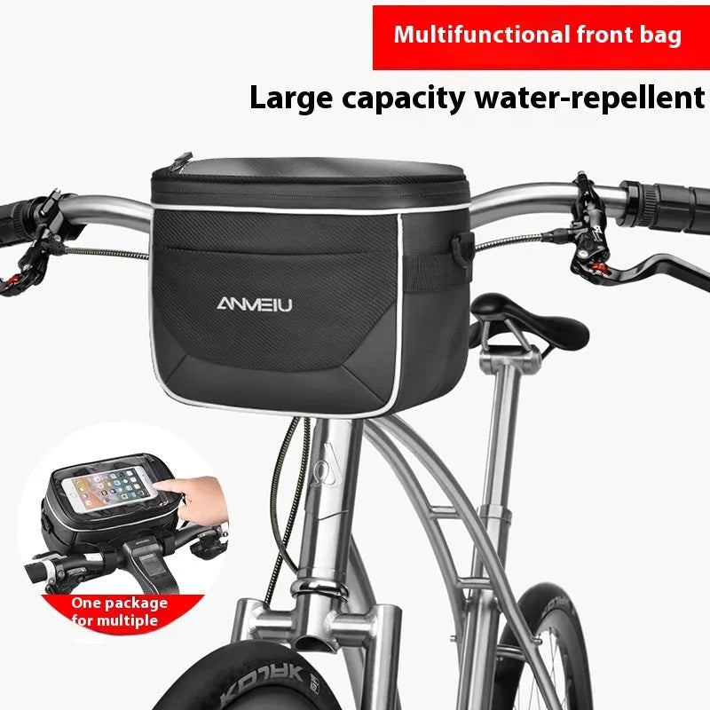 Black folding bicycle handlebar bag measuring 7 inches with hanging strap