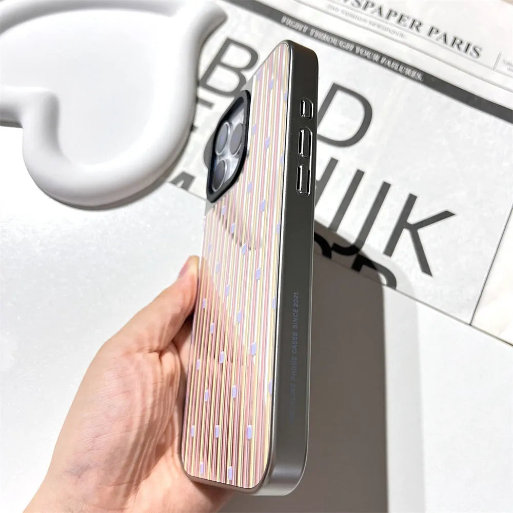 Contrast colour stripe phone case with silver plated edge and sprayed mirror finish for iPhone 12 to 16 Pro Max