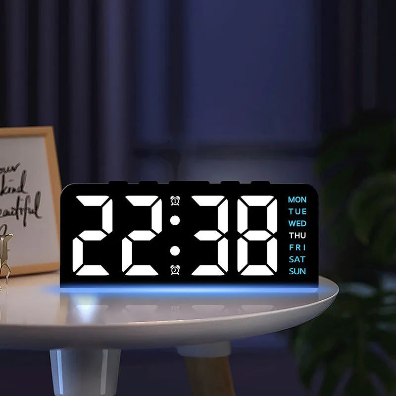 Plastic electronic alarm clock with LED display, 10mm thickness, available in multiple colour combinations
