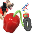 Green apple-shaped dog toy with a hole for food, acting as a dropping ball and molar chew.