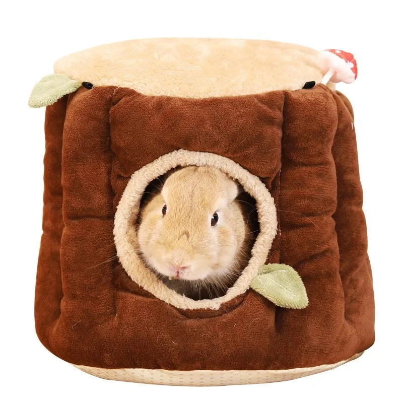 Brown cloth hanging stump nest for rabbits, shown in small, medium, and large sizes.