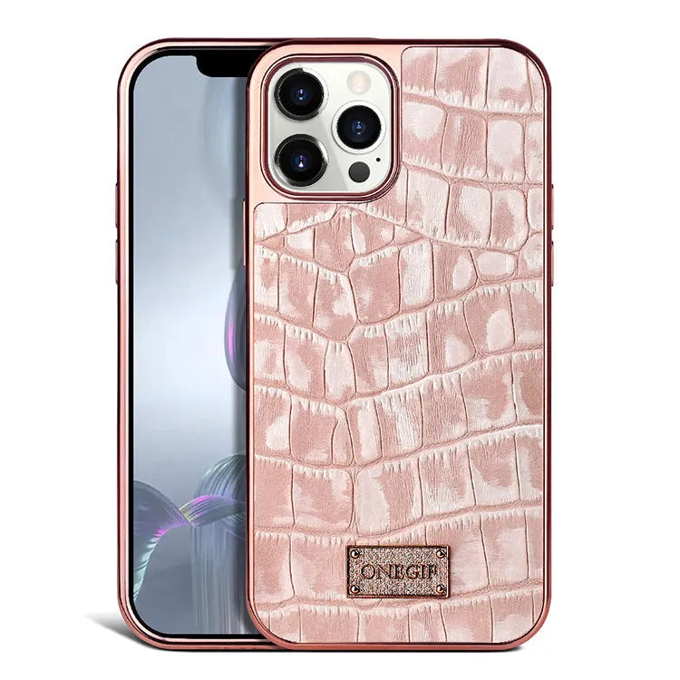 Real skin electroplated phone case for iPhone 12 and 12 Pro Max in green, pink, white with grid screen design