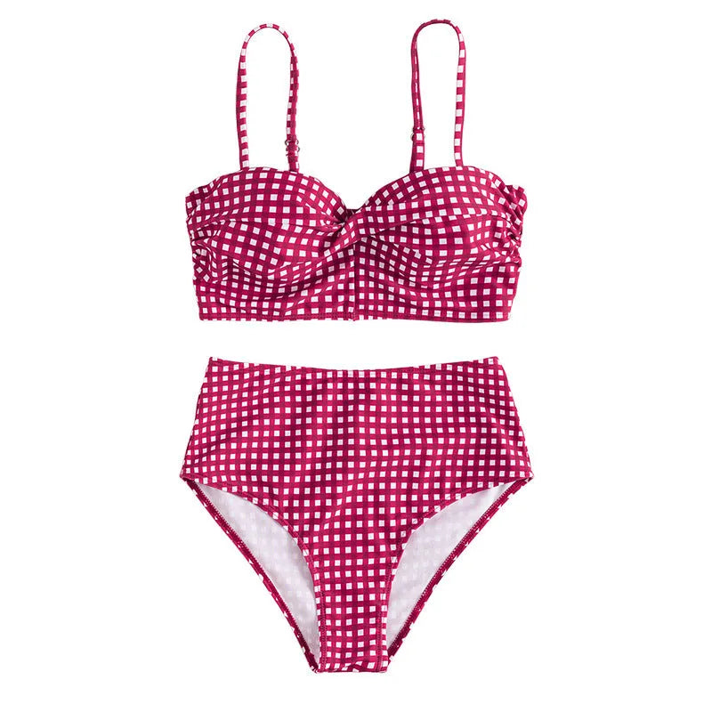 Women's rose red high waist bikini with plaid split design on the briefs.