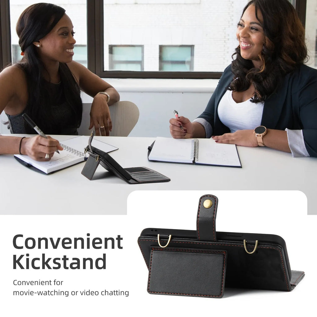 PU crossbody wallet phone case with card slot, lanyard, bracket, and magnetic suction, in black, brown, red, or blue.