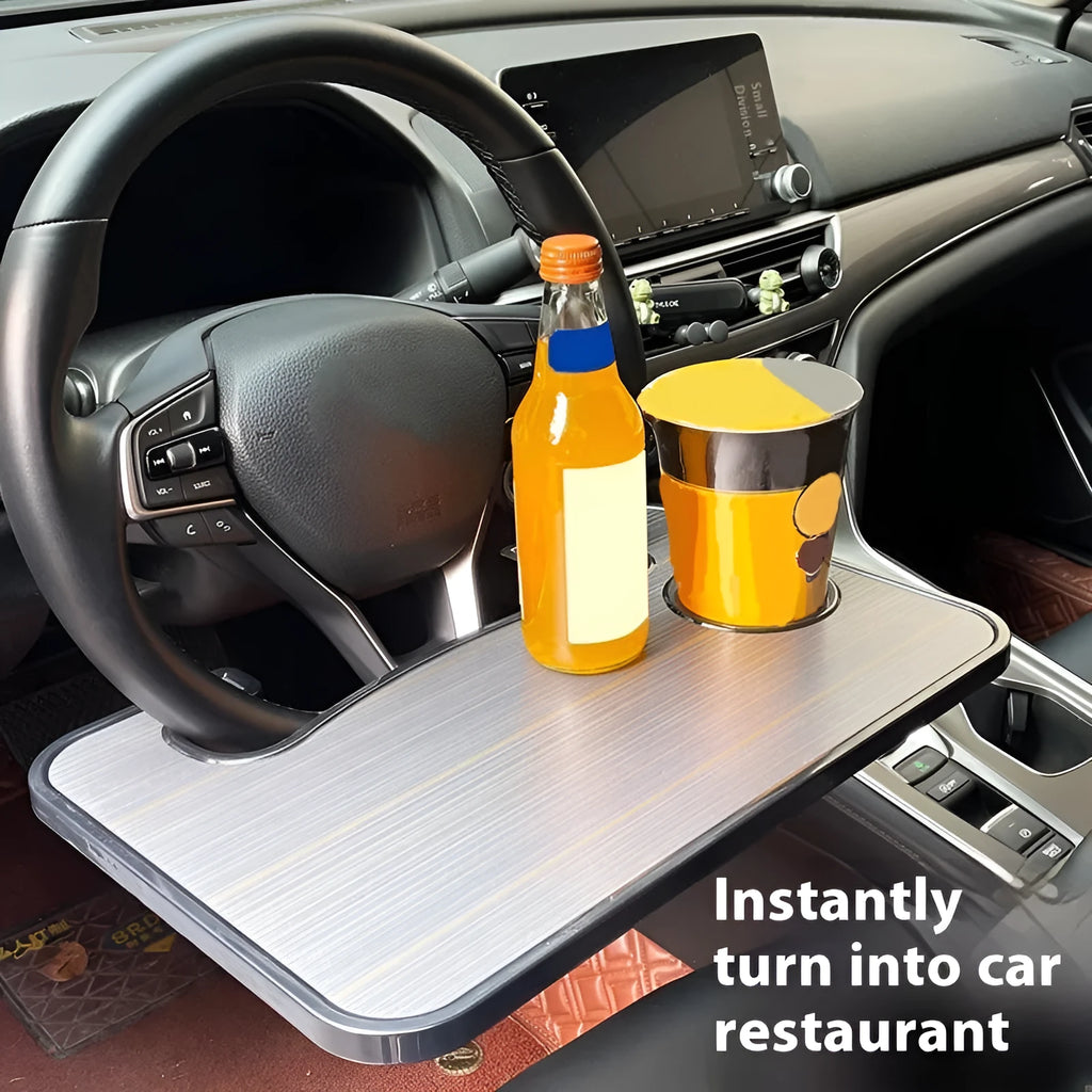 Black foldable car steering wheel tray with laptop and cup holder on a 42x28cm ABS surface