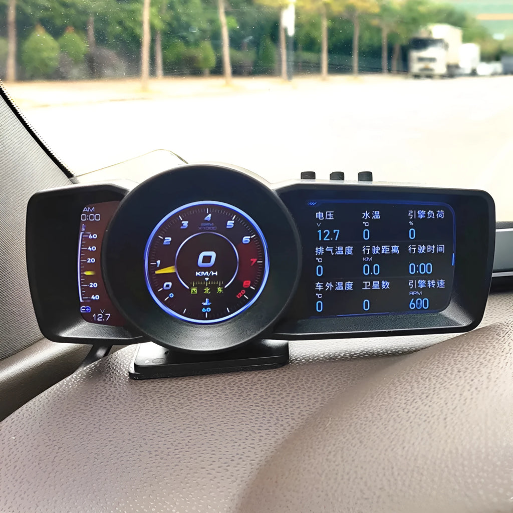 A600 OBDII vehicle monitor computer with TFT screen, connecting cable, and installation tools.