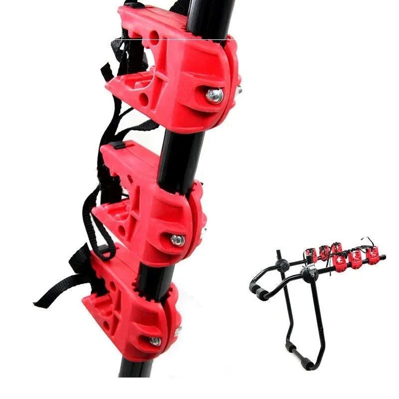 Black and red trunk-mounted car bicycle rack with adjustable straps and foam padding.