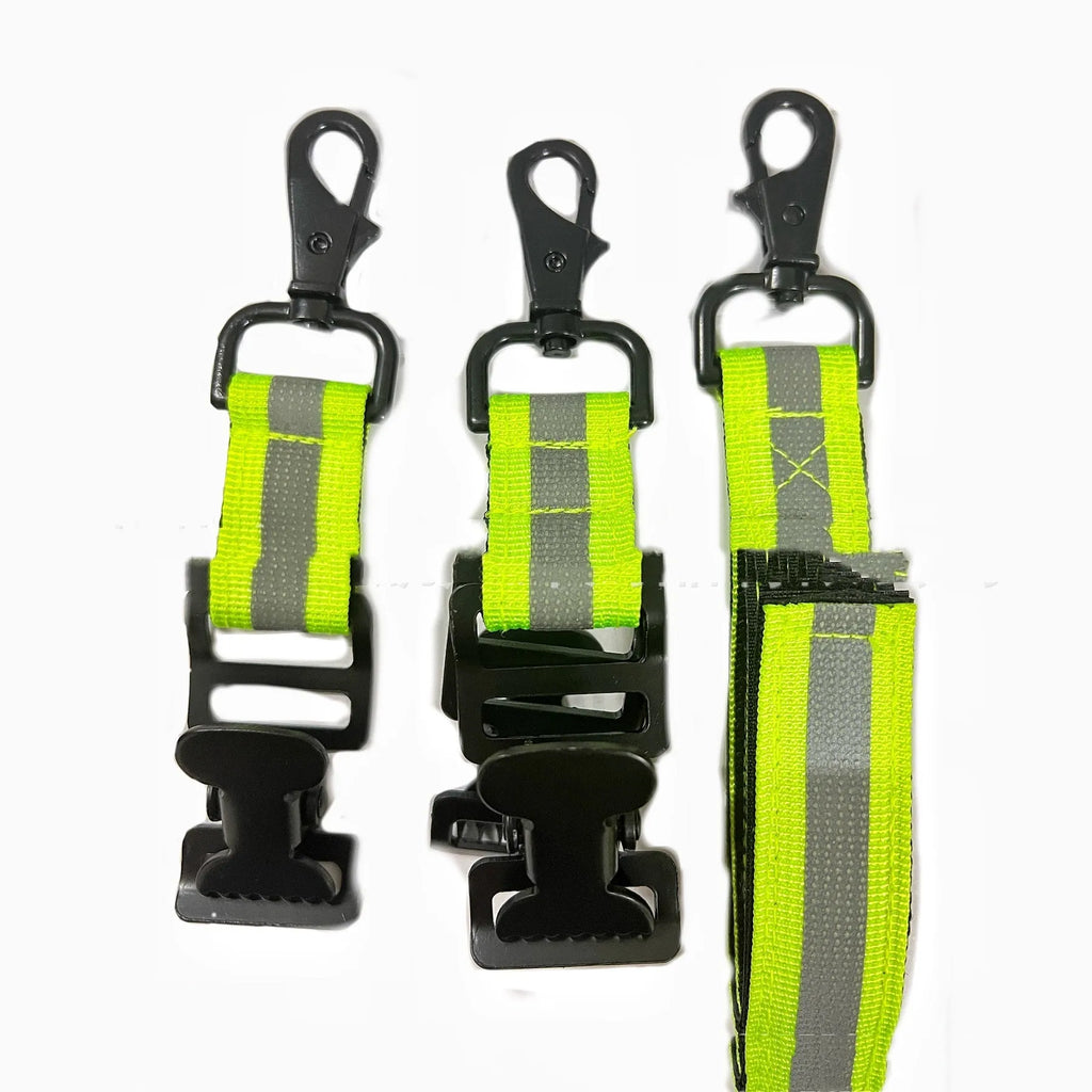 Fluorescent green fireman glove safety clamp with metal buckle and reflective lining.