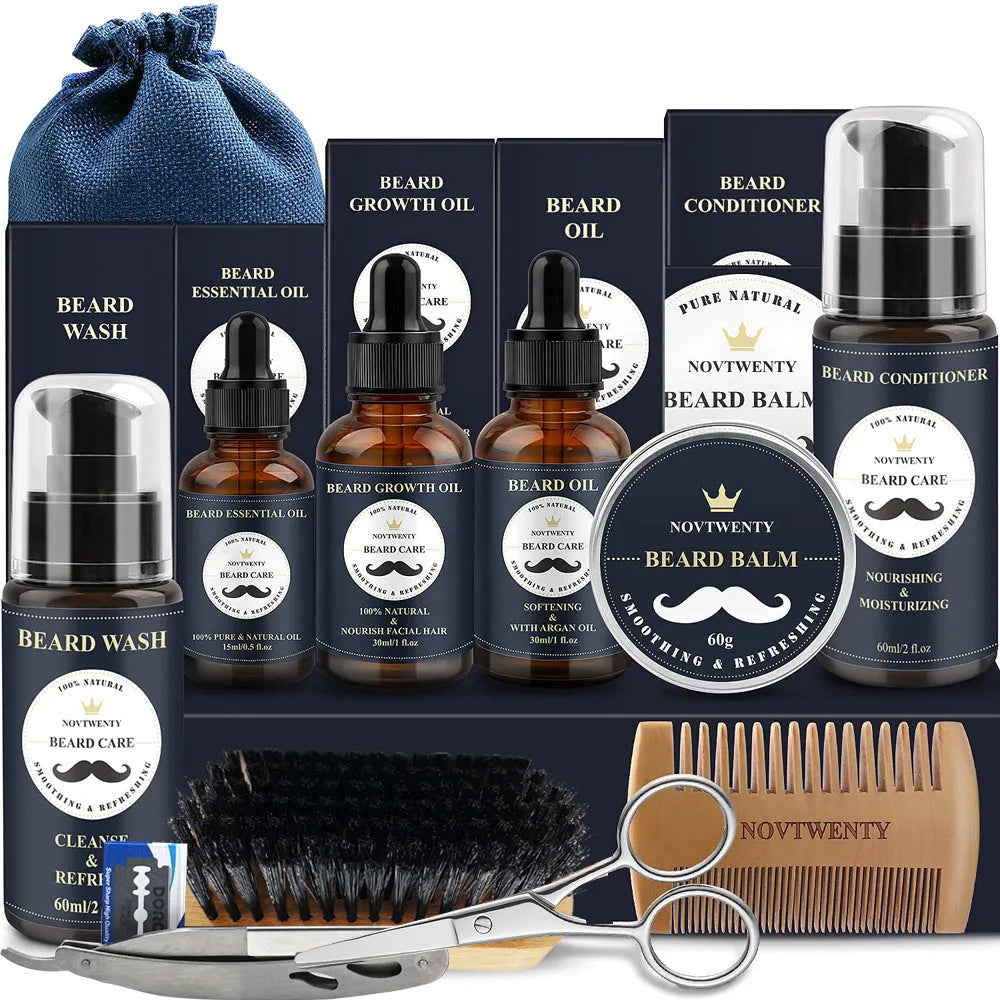 Peach wood beard care kit with comb, brush, balsam, and pogonotomy scissors in 10-15cm size