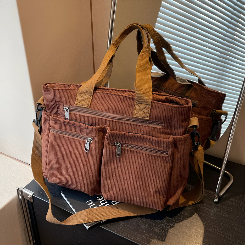 Large capacity women's corduroy shoulder messenger bag in brown, horizontal square shape, three straps