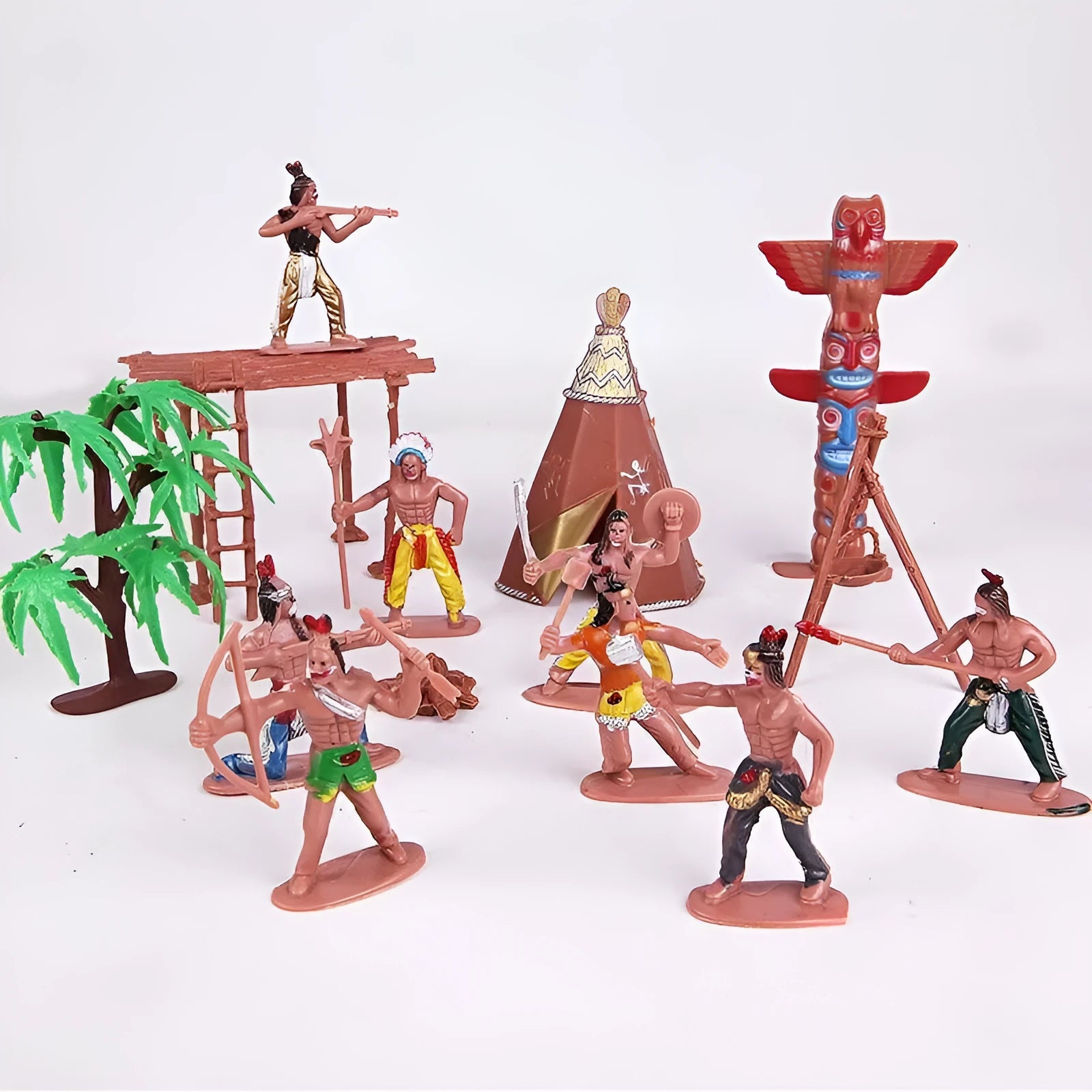 Western cowboy pulling a carriage sand play set with 19 burgundy pieces including Native Americans, cowboys, and fence