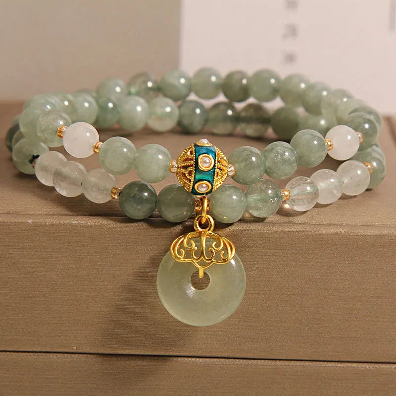Women's aventurine crystal bracelet with double-layer design and peace buckle in oil green jade colour
